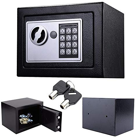 Tresor, Digital Elektronischer Safe, Mini Sicherheitskasten Feuerfester und wasserdichter Sicherheitsschrank mit Schlüssel, Möbeltresor Für Schmuck Bargeld, 23 x 17 x 17 cm (Schwarz)