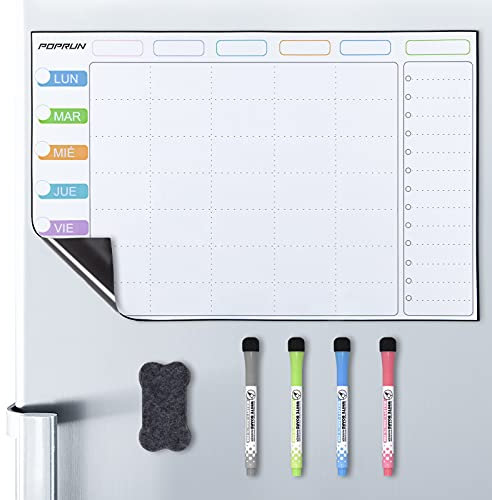 POPRUN Magnetischer Wochenplaner für Familien, Mahlzeitenplaner, Kühlschrank, Whiteboard, Menüplanung, trocken abwischbar, Aktionskalender, Einkaufsliste, 43 x 28 cm in Spanisch
