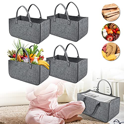 VA-Cerulean Kaminholzkorb Filz 4 Stück Filztasche Groß Holzkorb für Kaminholz mit Tragegriffen Faltbar Filztaschen Kaminholztasche für Zeitungskorb Shopper 50 x 25 x 25 cm (Type A, Hellgrau)