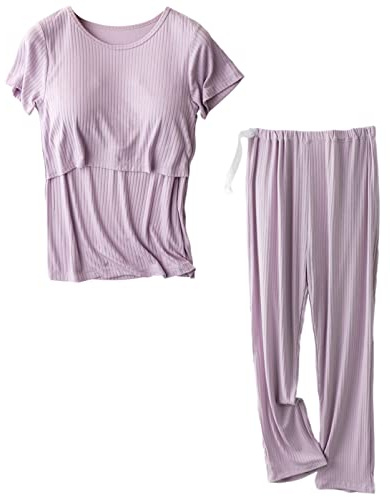 aromm Mujer Maternidad Mangas Cortas Camisas de Enfermería Tops y Pantalones Largos Casual Conjunto de Ropa de Lactancia Materna Morado,XL