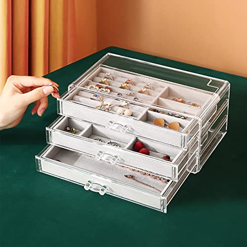 RMAN Scatola Portagioie, Porta Gioielli con 3 Cassetti，Velluto Acrilico Cofanetto Portagioie Donna, Anelli, Collane, Bracciali, impermeabile e antipolvere (Grigio)