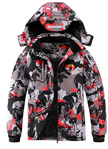 Lonthanly skidjacka för barn vattentät vinterrock för pojkar och flickor fleece snowboardjackor med avtagbar huva, Röd camo, 14-16