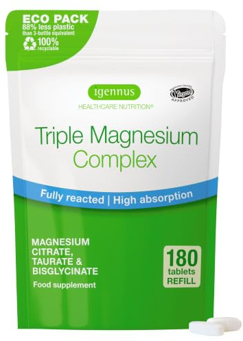 Igennus Fortschrittlicher Dreifach-Magnesium-Komplex, vollständig ausreagiertes & chelatiertes Glycinat, Taurat & Citrat, Clean Label, hohe Bioverfügbarkeit & Absorption, 180 Tabletten, Vegan