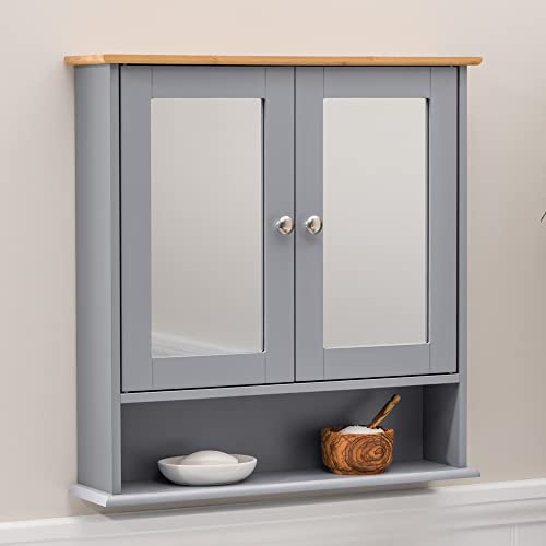 CHRISTOW Double Mirror Wall Cabinet, Bamboo-Effect Top, Grey | Wall Mounted Bathroom Storage Cupboard, 2 Mirrored Doors, Internal & External Shelves, Durable MDF, Fixings Included