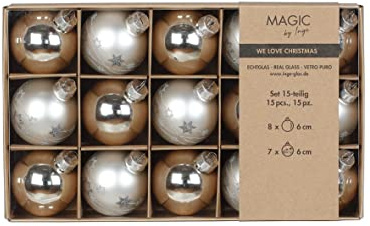 Inge-glas Weihnachtskugeln Glas 6cm x 15 Stück in Kartonbox Christbaumkugeln Silber Frosty Silver, Silber,blau,rosa