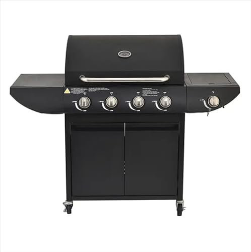 Gasgrill Serie 4+1 mit Seitengrillbrenner und Aufbewahrungsschrank, Warmhalterost, Ablagen, Thermometer, Karbonstahl, Schwarz
