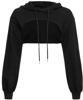 GORGLITTER Damcrop huvtröja pullover, mycket korta tröjor, långärmad tröja, rund krage, cut outs skjortor med huva, svart, XS