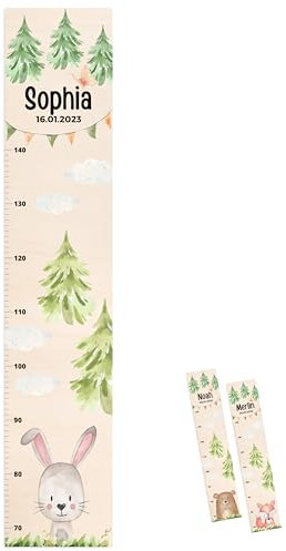 wunderwunsch® - Personalisierte Messlatte Kind Holz zum Kleben oder Aufhängen - Skala 70-140cm - Süße Dekoration für Baby- & Kleinkinderzimmer (Hase)