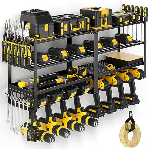 POKIPO Power Tool Organizer Wall Mount, Extended Large Heavy Duty 8 Drill Holder, 4 Layer Garage Tool Organizer and Storage, Utility Racks Suitable for Workshop, Garage Cordless Drill