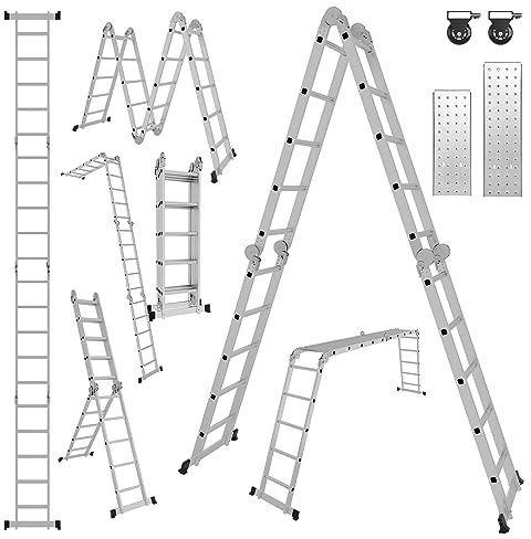 Yakimz Escalera multiusos de aluminio, 4 x 5 peldaños, 582 cm, escalera plegable con 2 placas de andamio y 2 ruedas, 20 peldaños, carga máxima de 150 kg