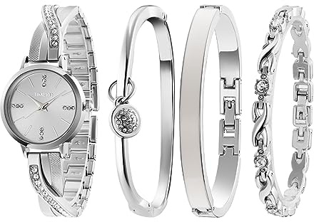 TIME100 Set Orologio Bracciale da Donna Elegante Orologio da Donna in Acciaio Inossidabile Set di Braccialetti con Decorazione in Cristallo Premium Idea Regalo Donna（Argento）