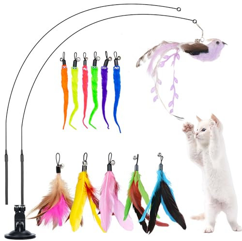 Oziral 15 Stück Interaktives Katzenspielzeug Feder, Federn Katzenspielzeug Selbstbeschäftigung, Katzenangel mit Saugnapf Federn und Glöckchen, Austauschbares Federkatzen-Spielset