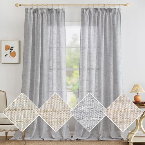 MIULEE Gardinen mit Kräuselband, Leinenoptik 140x280 cm Weiß Grau, 2er Set | Moderne Durchscheinende Voile Vorhänge mit Kräuselband, Leinenoptik für Wohnzimmer Schlafzimmer, Passend für Schienensysteme