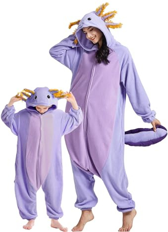 DarkCom Animal Onesie for Kids,Flannel Cosplay Purple Axolotl Halloween Costume Parent-Child Sleepwear for Girls Boys 8-9 Years