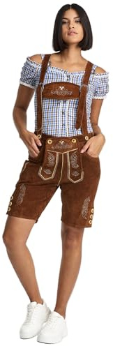 Steigenhofer läderbyxor dam kostymshorts – 100 % kohud – Annika – traditionella korta byxor för kvinnor – Inkluderar justerbara remmar – bältesögla – Dirndl alternativ, Mellanbrun, 40