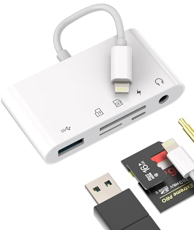 Adapter Lightning USB Kartenleser SD Micro SD Card Reader 3,5 Kopfhörer Jack Ladegerät 5in1 Stick Herunterladen Foto Aux Kabel Kopfhörer Zubehör für Apple iPhone 14 13 Pro Max für iPad