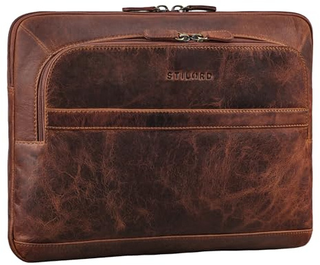 STILORD Haven 2-in-1 Laptop Hülle 14 Zoll Leder Vintage Laptoptasche MacBook Sleeve und Platz für 12,7 Zoll Tablet Tasche Echtleder Schutzhülle Farbe:mittel - braun