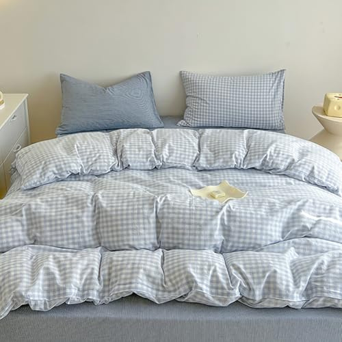 Nayoroom Bettwäsche 135x200 Kariert Blau Weiß Bettbezug Set Gewaschene Microfaser Modern Karomuster Aesthetic Blau Weiss Karo Deckbettbezug und Kissenbezug 80x80 mit Reißverschluss