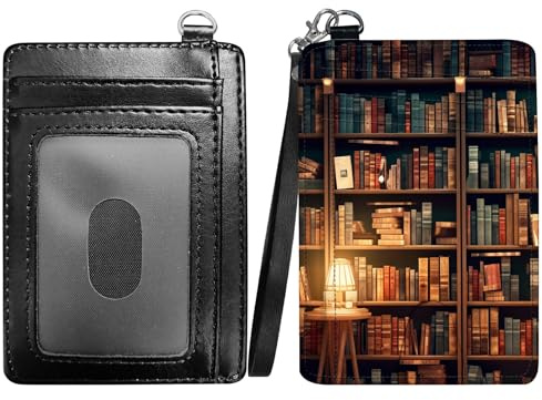 RWUTYTIUL Books Library Slim Minimalist Wallet with Lanyard Strap, PU Leather Front Pocket Wallet RFID Blocking Credit Card Holder Card Cases with ID Window for Man Woman Boy Girl