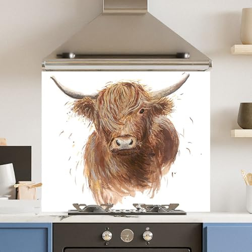 Toughened 6mm Glass Kitchen Splashback 90 x 65cm Drawn Cow - Polished Edge Heat Resistant Back Splash for Cookers Hob