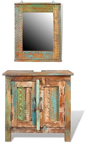 Buzaza Armadietto in Legno di Recupero Solido per Bagno con Specchio-Mobile Sottolavabo per Bagno,Armadietto Sottolavabo Salvaspazio,Armadio Salvaspazio