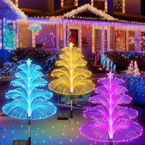 Lot de 3 décorations de Noël solaires – Lumières solaires d'extérieur étanches en forme de méduse – 5 couches de fibre optique – 7 couleurs changeantes pour allée, pelouse, terrasse
