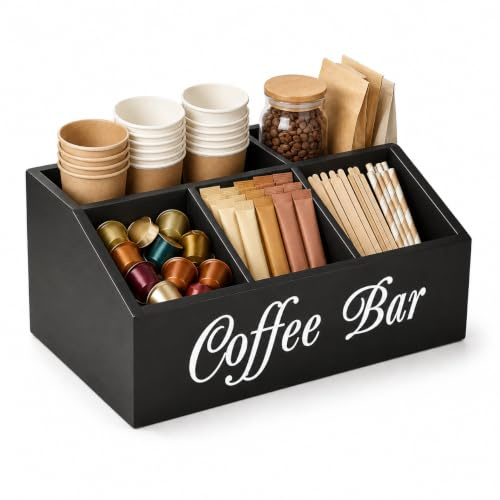 Gzsekken Coffee Station Organizer 5 Compartments Coffee Condiment Storagec Wooden Kitchen Storage Shelf for Sugar, Creamer, Tea Station Coffee Bar Accessories Caddy for Home,Office-Black