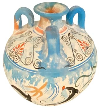 Greek Pottery Vase,3 handle Amphora seated 16cm,Ancient Minoan art