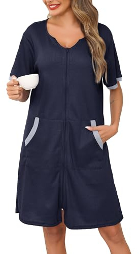 Lovasy Accappatoio con Cerniera Donna Vestaglia in Maglia Waffle a Maniche Corte Vestaglia Leggera al Ginocchio Abbigliamento da Casa con Tasche,B-Blu navy,S