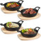 OJMHD 4 Set Small Cast Iron Skillet with 2 Handles, Cast Iron Plates Skillet with Wooden Serving Board, Round Ironed Oven Pan, Mini Gratin Casserole Cookware for Kitchen Baking Cooking Frying, 16 cm