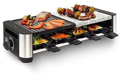 FRITEL Raclette Grill RSG 3280 – Tischgrill Weihnachten/Grillset Teppanyaki – 2-in-1-Wendegrillplatte – 1400 W – 2 bis 8 Pers. + 8 Raclette-Pfännchen & Spatel