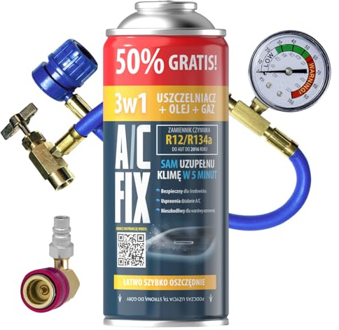 A/C FIX Recambio Gas R134a R12 3in1 con Manguera y Adaptador manometro – Kit Recarga Aire Acondicionado Coche 1x235 g - Sustituto del refrigerante - Gas Aire Acondicionado Coche - Eco