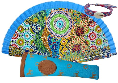 Planta Color Éventail pliable avec housse pour éventail, tissu imprimé en coton sur bois, dessins imprimés, avec porte-clés ou aimant de coutumes espagnoles, Mosaïque andalouse, M, Trousse étanche