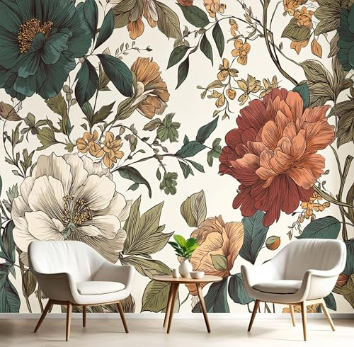 JEDTAKCT Papier Peint Panoramique 3D 250X175Cm (Lxh) Papier Peint Beige Tapisserie Poster Geant Mural Fleurs Peintes À La Main Pour Salon Chambre Décoration Murale, Baroque Vintage