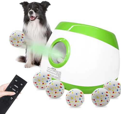 SOCO Automatic Ball Launcher for Dogs Large- 3 Distance Settings (40/60/80FT) w/Remote Control | 2.5 ETPU Tennis Balls | Indoor/Outdoor Dog Toy | 6 Balls & Quick Charge Included