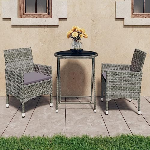 Teenpull 3-TLG. Garten Bistro-Set Grau aus Poly Rattan & Hartglas, klappbarer Tisch & 2 Stühle mit Polstern, UV- & wetterbeständig für Balkon, Terrasse & Veranda