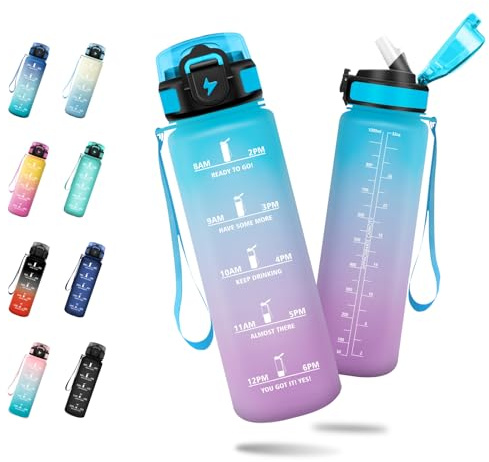 Borraccia 1 Litro, Borraccia Sportiva con Cannuccia, Bottiglia Acqua Sportiva con Indicatore del Tempo, Facile da Pulire, Borracce a Prova Di Perdite, per Bicicletta, Corsa, Ufficio, Campeggio