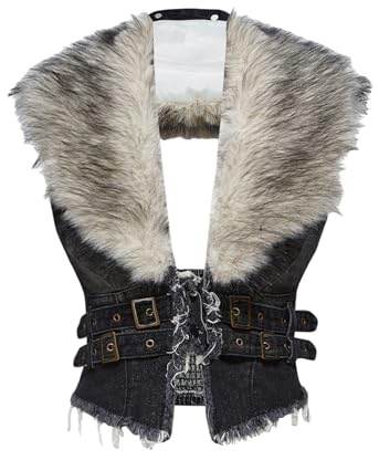 WDIRARA Women's Faux Fur Denim Vest Smocked Open Back Sleeveless Raw Trim Cropped Vest Jacket Grunge Punk Black Large