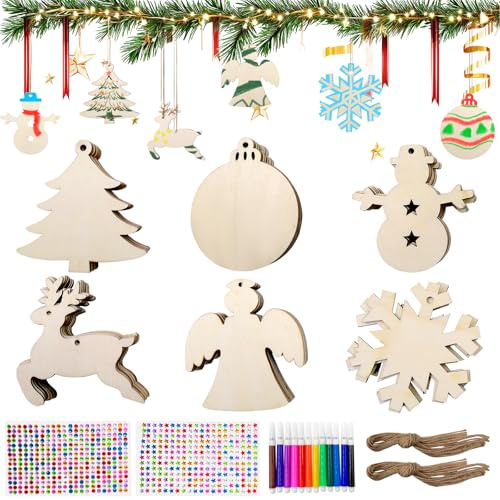 60 Stück Weihnachtsbaum Anhänger Holz, Holzanhänger Weihnachten zum Bemalen, Christbaumschmuck Anhänger mit Stift, Edelstein- und Sternaufklebern für Christbaumschmuck Fensterschmuck