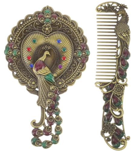 BESPORTBLE Vintage Handheld Spiegel Kamm mit Griff Kleiner Metall Make-up Spiegel Tragbar Retro Painted Design für Frauen