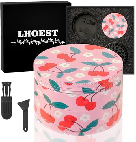 LHOEST Metal Grinder 63MM Crusher 40 Grinding Teeth Cool Grinder 4 Layers | With Scraper Plastic Brush Pink Grinder Cherry Design Metal Crusher for Spice Mill Gifts Grinder for Kitchen