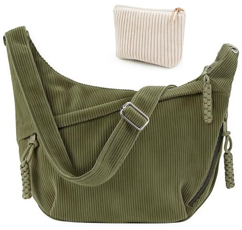 Mngevcy Umhängetasche Damen, Crossbody Bag Damen groß Cord Tasche + Kosmetiktasche, Cord Crossbag Halbmond Kord Schultertasche mit Reißverschluss und Baumwollfutter Verstellbarer Schultergurt
