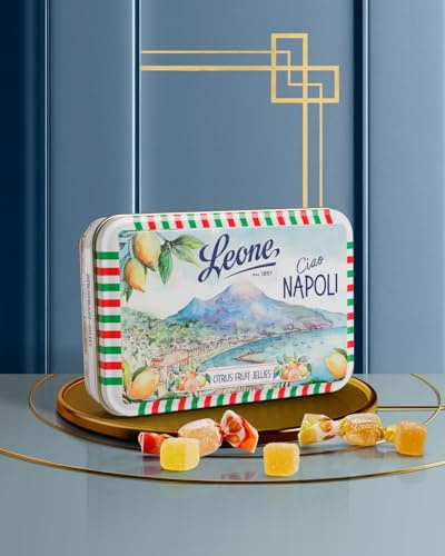 Leone dal 1857 - Caramelle Leone Latta Gelée - Caramelle Morbide - Caramelle Vegane e Senza Glutine - Collezione Cartoline Italiane - Gusto Agrumi (Arancia,Limone,Mandarino) - Napoli - 200g