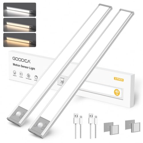 GOODEA 40CM Unterbauleuchte 3600mAh, Superhell Bewegungsmelder Küche Licht | 100-LED 3 Farben & Stufenlos Dimmbar Schrankbeleuchtung, 3 Modi Aluminium Leiste Lichtleiste Küche mit Stark Magnet, 2 Stück
