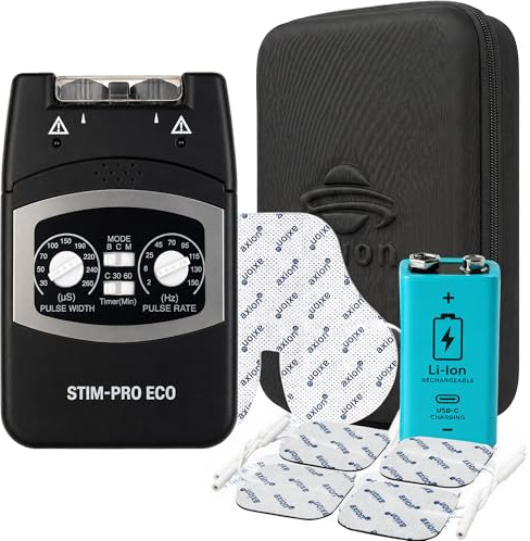 axion® 2 Kanal TENS Gerät STIM PRO ECO - Zertifiziertes Medizinprodukt | mit 9V Li-Ion Akku. Wiederaufladbar I TENS-Gerät zur Schmerztherapie mit 4stk. 5x5cm Elektroden Pads I Manuell einstellbar.