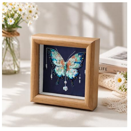 Stickerei Set Erwachsene mit Bilderrahmen – 3D Perlenstickerei Komplett Set Schmetterling für Anfänger, DIY Bastelset mit Nadel, Garn und Perlen, Deko Bild zum Aufstellen, Geschenkidee Geburtstag