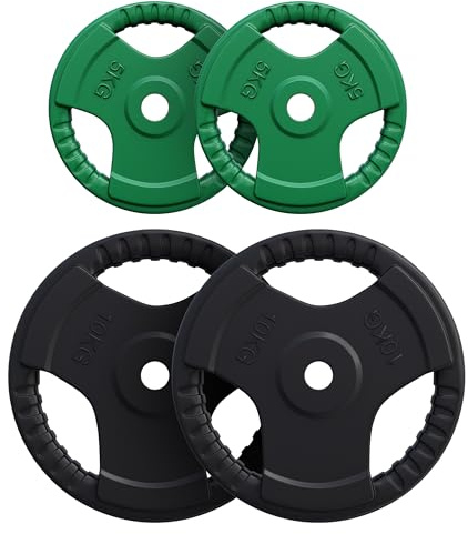 GORILLA SPORTS® Hantelscheiben 1,25–30 kg, 30 mm, Gusseisen, Gummi-Griffe | Einzeln oder im Set, mit 3 Grifföffnungen und Farbwahl; Gewichtsscheiben mit Gummi-Gripper für 30-mm-Hantelstangen