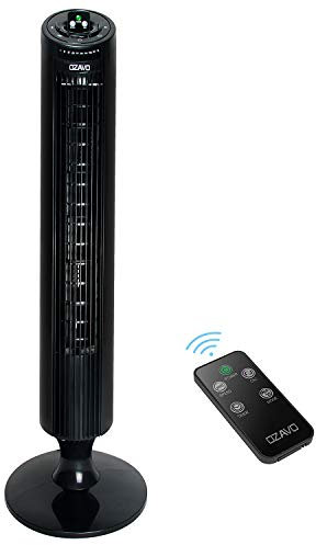 OZAVO Ventilatore a Torre con Telecomando, Display LED e Pulsanti Utenti: 3 Modalità e Velocità, Timer per Soggiorno e Ufficio 84cm di Altezza, Nero