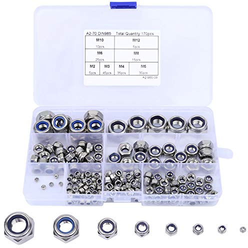 HAUSPROFI 170 Pcs Lock Nuts A2 Stainless Steel Locknut, 8 Sizes M2-M12 Nylon Insert Hex Nut Set with Durable Assortment Box, M2 M3 M4 M5 M6 M8 M10 M12 Assorted Locking Nuts