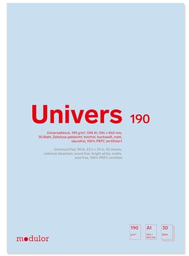 Universalblock U190, 190 g/m², 594 x 840 mm, für DIN A1, 30 Blatt (blanko) | Skizzenblock aus hochweißem Papier mit matter Oberfläche; geeignet für trockene Zeichenmaterialien wie Blei, Kohle und Kreide